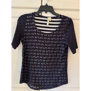 Chennault Navy Blue Lace Overlay Striped Knit Top Size PM Made in‎ USA